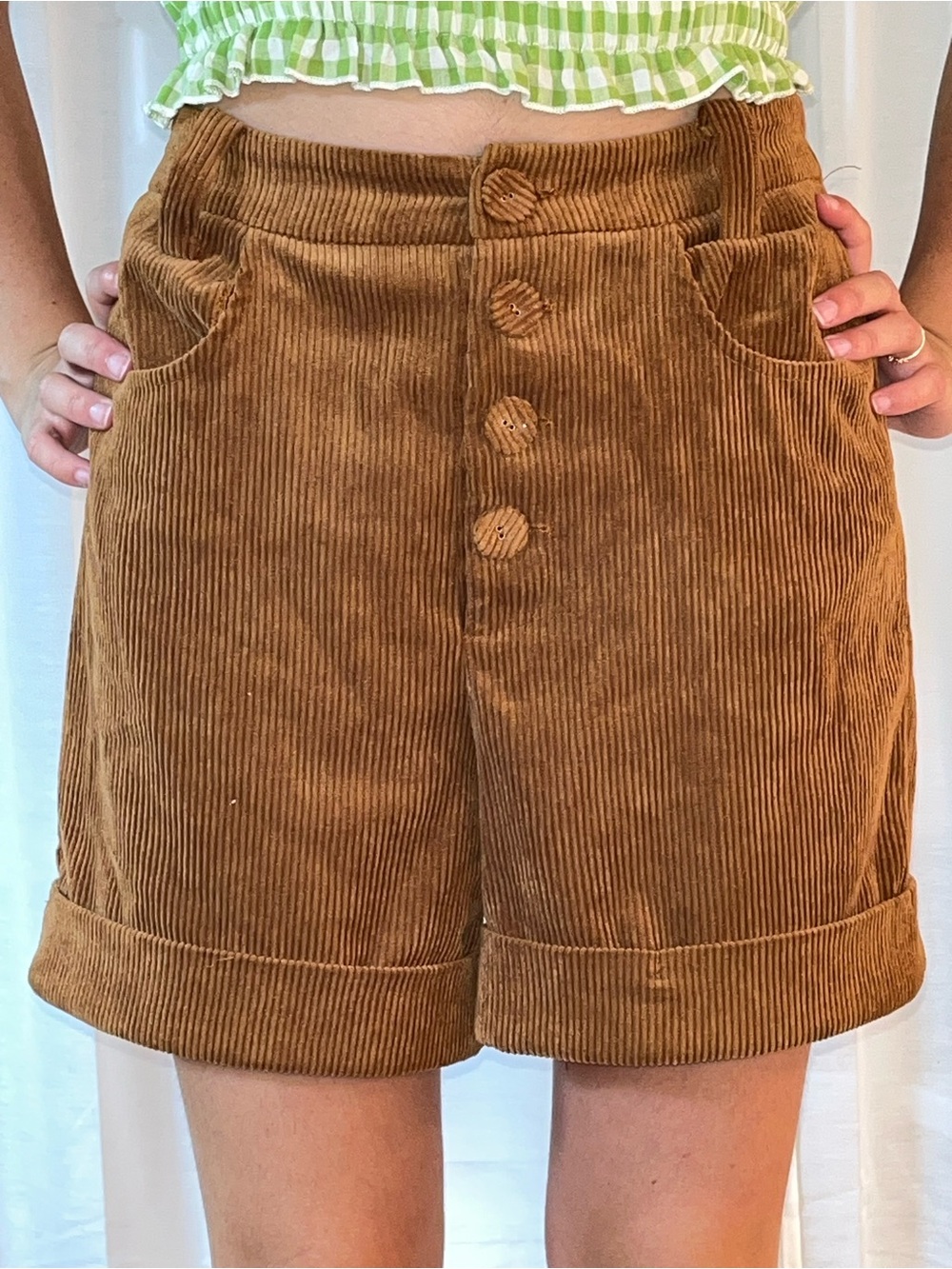 High-Rise Corduroy Bermuda Shorts in Brown